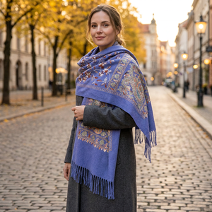 Embroidered Cashmere Feel Shawl Long Tassel Scarf Pashmina With Kashmiri Hand Embroidery Winter Warm Scarves